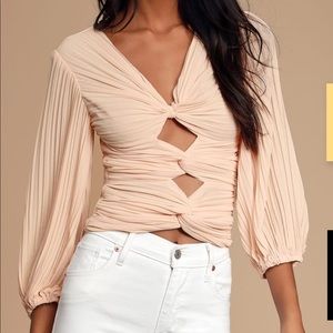 Blush Pleated Long Sleeve Knotted Top